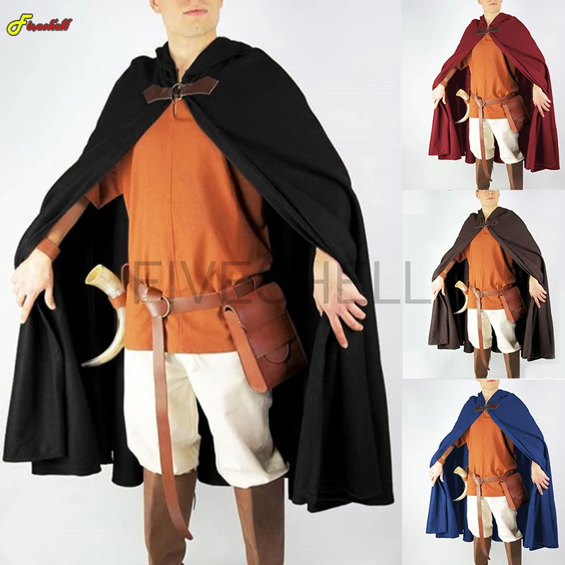 

Medieval Cloak Men Retro Hooded Long Cape Coat Pirate Viking Cos Halloween Party Gothic Cosplay Costume Halloween Black Cloaks