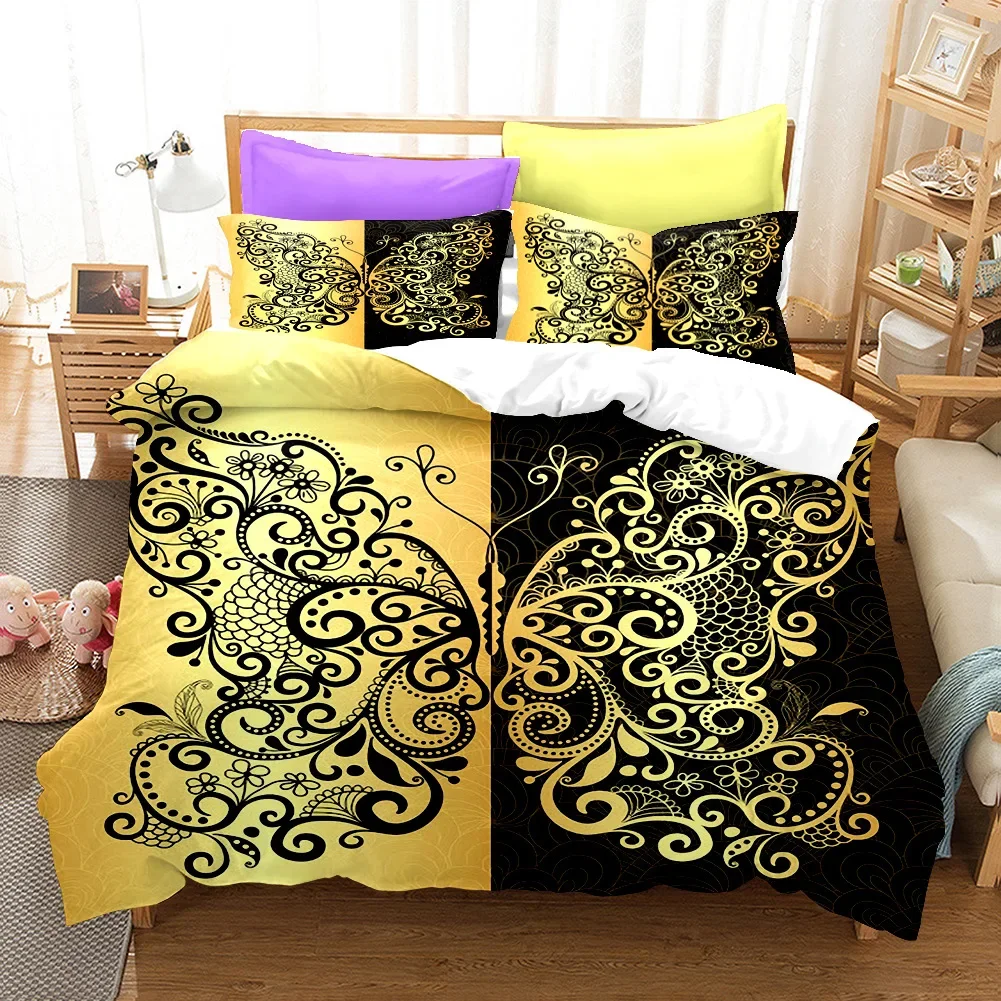 DigitalPrintingGoldenButterflyDuvetCoverSetsQuiltCover3pcs