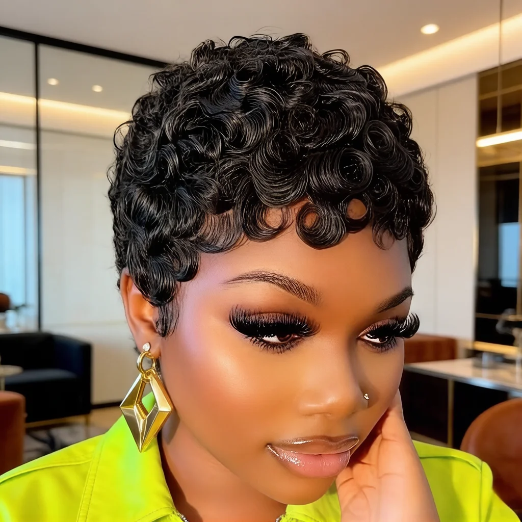 여성용 내추럴 컬러 짧은 웨이브 픽시 가발 (루즈 컬) - 100% 기계식 제작 180% 밀도 인모 가발, 데일리 착용에 적합