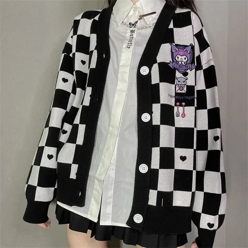 

Kawaii Cartoon Embroidery Cardigan Women Jk Uniform Checkerboard Sweater Coat Autumn Loose Y2k Knitted Sueters De Mujer