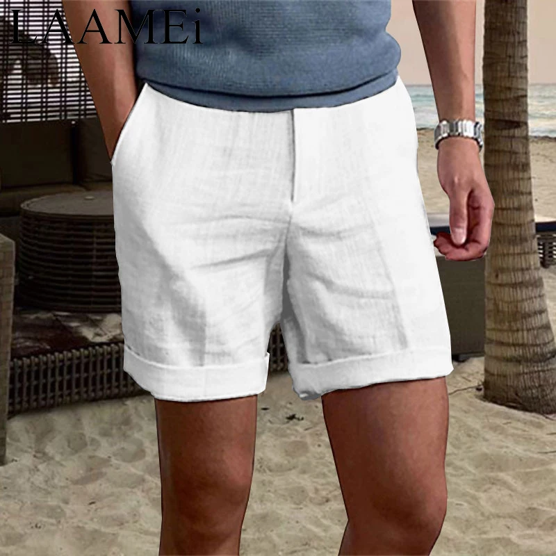 LAAMEi Summer New Fashion Casual shorts for men clothitng Thin 100% Linen Loose Breathable Beach Pants