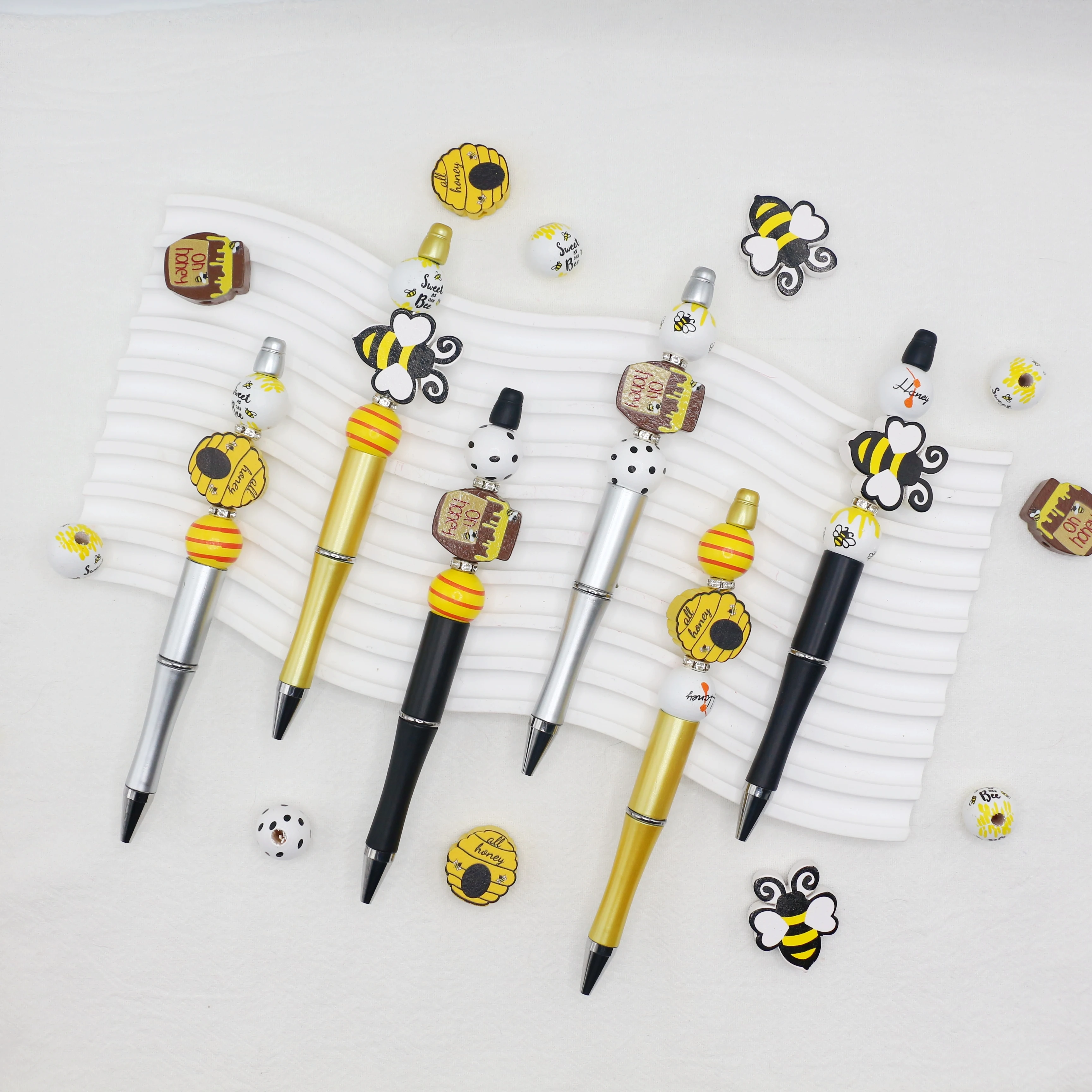 꿀벌 테마 블랙 잉크 DIY 구슬 볼펜 및 나무 구슬 세트, 사무실 및 학교 용품, 6 개, 9 개