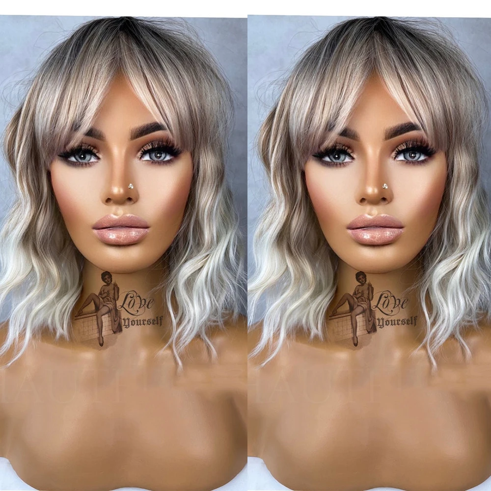 Lace Frontal Wig Bob Wig Ash Blonde Brown Balayage Highlights Streaks 14 Inch Bob Wig Wavy Lace Front Fringe Bangs Womens Wig Eye Catching Short