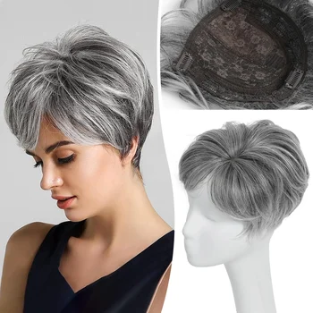 Topper per capelli grigi taglio pixie da donna, 6.8' x 7', in capelli sintetici ondulati e voluminosi, con clip, extension per capelli corti