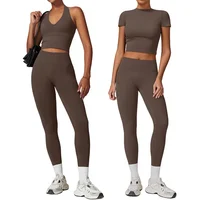 2 Pieces Women Yoga Set Workout Sportswear Gym Clothing Fitness Short Sleeve Crop Top High Waist Leggings Sport Suits
