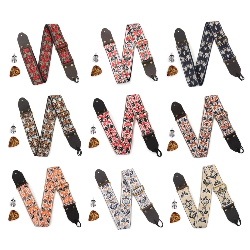 

Acoustic Guitar Strap Replacement Vintage Embroidered Pattern Nylon Shoulder Strap for Electric Acoustic Guitar