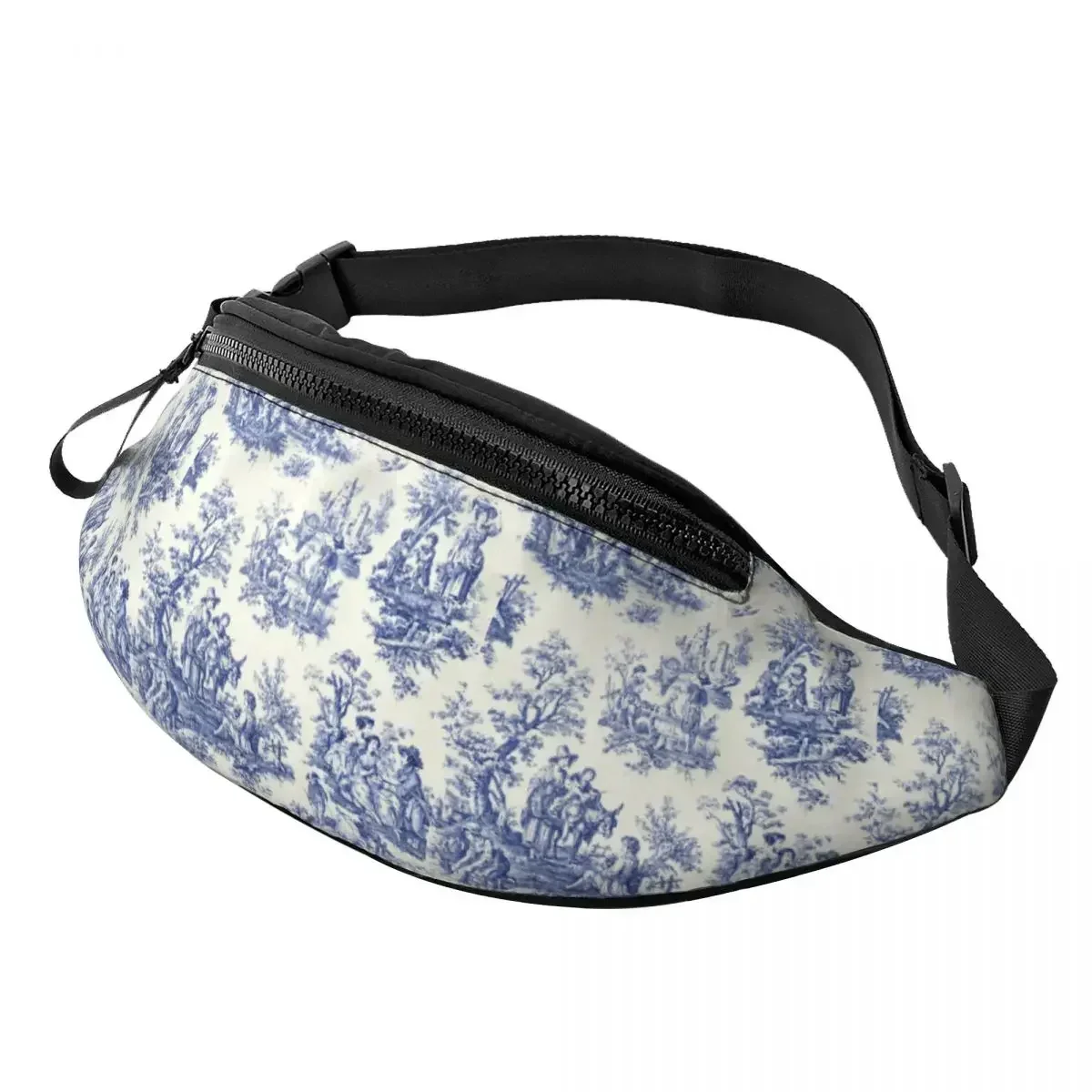 

Classic French Navy Blue Toile De Jouy Motif Pattern Fanny Pack Traditional France Art Crossbody Waist Bag for Running Phone
