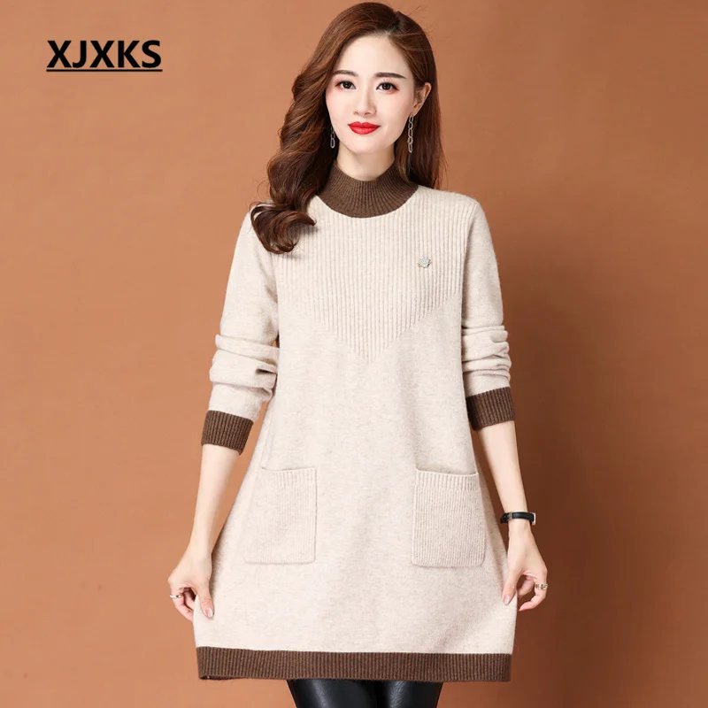 

XJXKS 2022 Autumn Winter New High-end Soft Wool Knit Pullover Women's Long Sweater Fashion Color Blocking Female Vestidos