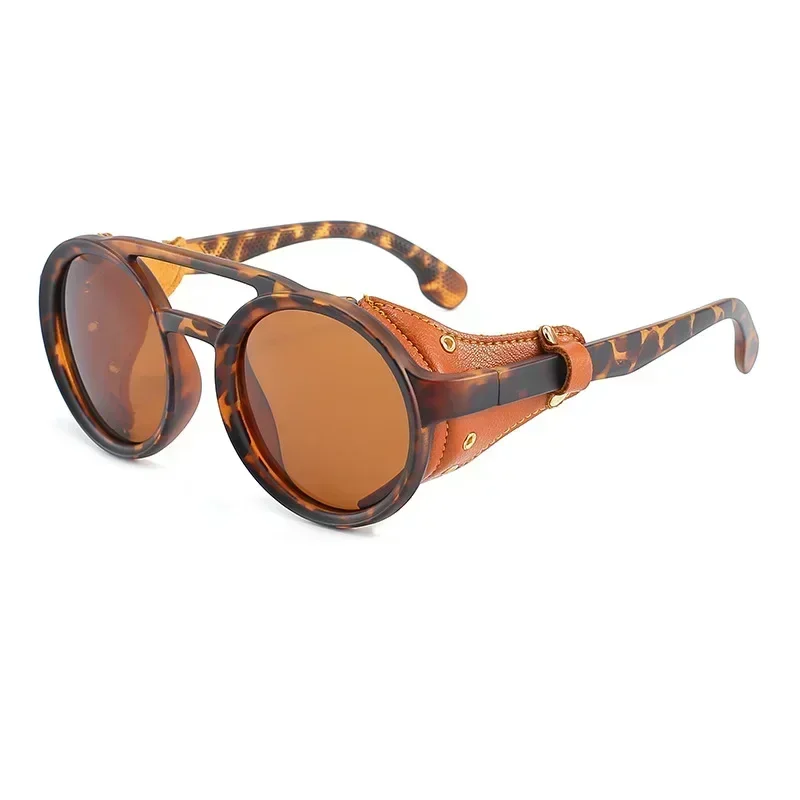 Steampunk Shields Unisex Round Sunglasses with Side Leather and UV400 Protection