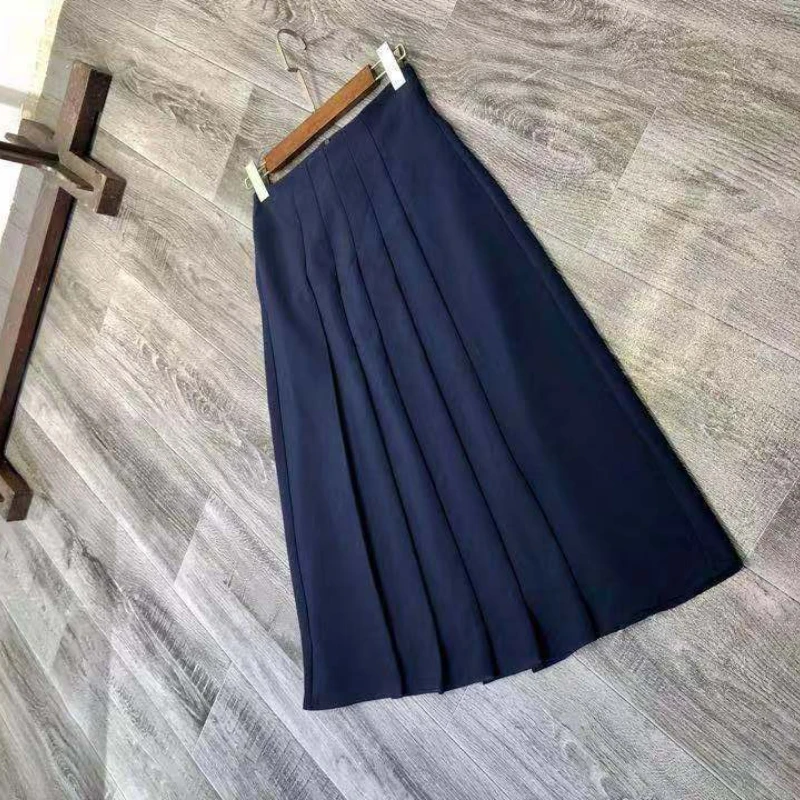 

New Solid Color Triacetate Navy Blue Pleated Casual Women Skirt