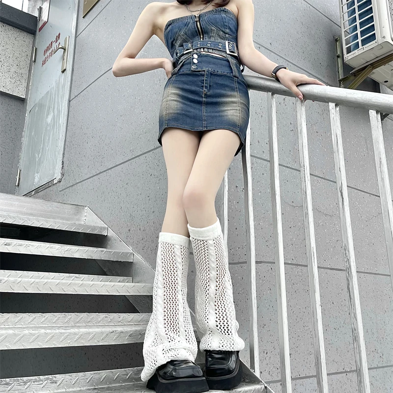 일본 핫 걸 무릎 소매 따뜻한 다리 커버, 하라주쿠 화이트 할로우 아웃 니트 와이드 레그 혼, 3 가지 색상, 여름 신상
