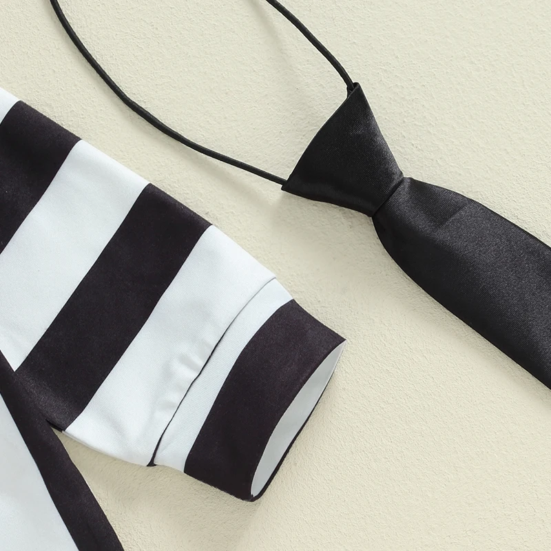 0-4Y Toddler Baby Halloween Costume 3Pcs Kid Cosplay Clothes Sets Black and White Stripe Long Sleeve Shirts Elastic Pant Necktie