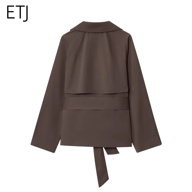 ETJ Autumn 2025 new collection women's British style lapel double-breasted Maillard color belt casual trench coat