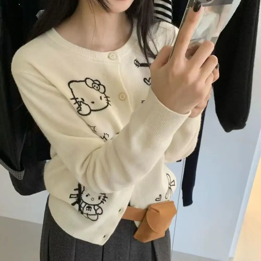 산리오 라운드 넥 긴팔 스웨터 애니메이션 헬로 키티 카와이 걸스 카디건 스웨터 가을 부드럽고 달콤한 루즈 학생 귀여운 탑