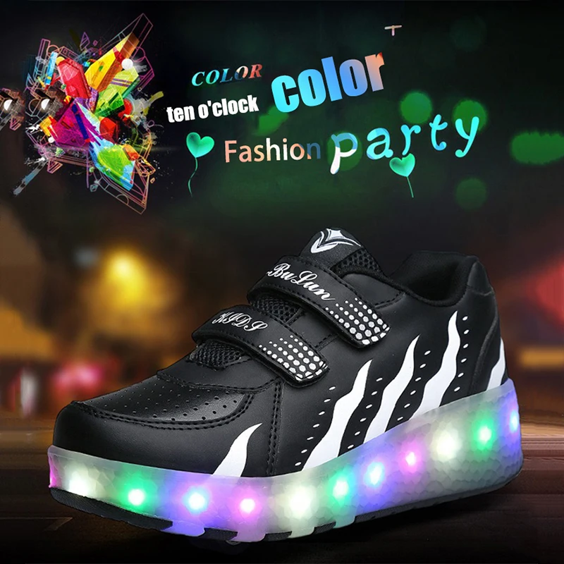 

Kids Double Wheels Roller Skates Shoes Fashion Mecha LED Light Up Sports Shoes Outdoor Boys Girls Casual Skateboarding Sneakers