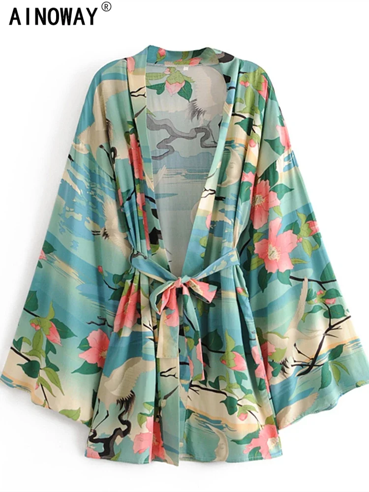 Boho Vintage Green Crane Floral Print Sashes Kimono Women