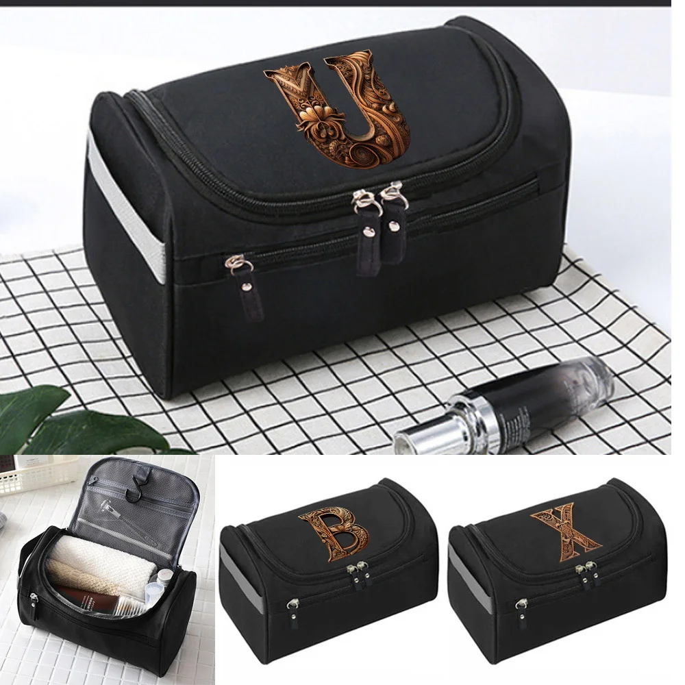 

New Wood Art Letter Printing Pattern Foldable Waterproof Storage Travel Bag Easy To Carry Zipper Hanging Handbag Cosmetic Bag