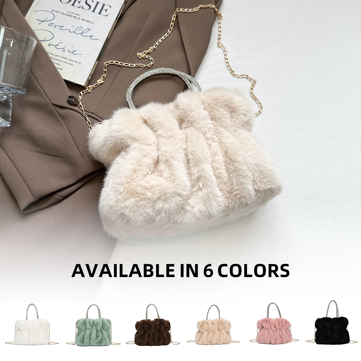 Hand-Held Plush Small Bag for Women 2025 New Trendy Fashion Fluffy Cloud Bag with a High-End Feel, Chain Shoulder Crossbody Bag for Autumn and Winter Commuting