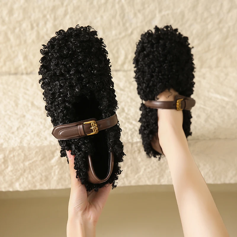 Women's Winter Plush Slip-On Flats Shoes Casual Dress Shoes Comfortable Memory Foam Warm Plush Lining Ballet Flat Shoes for Lady 6