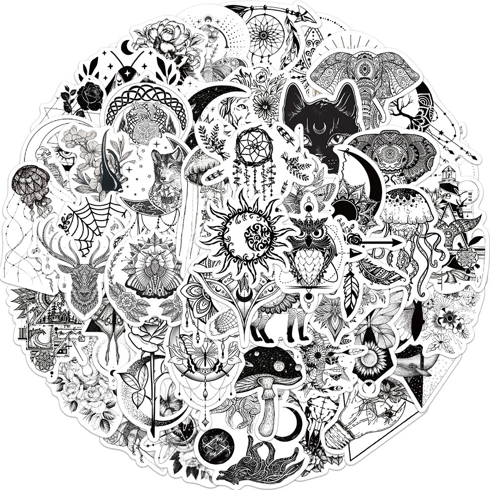 

10/30/50pcs Fashion Gothic Bohemia Art Animal Stickers Black White Decal Laptop Guitar Phone Scrapbook Car Cool Sticker Kid Toy