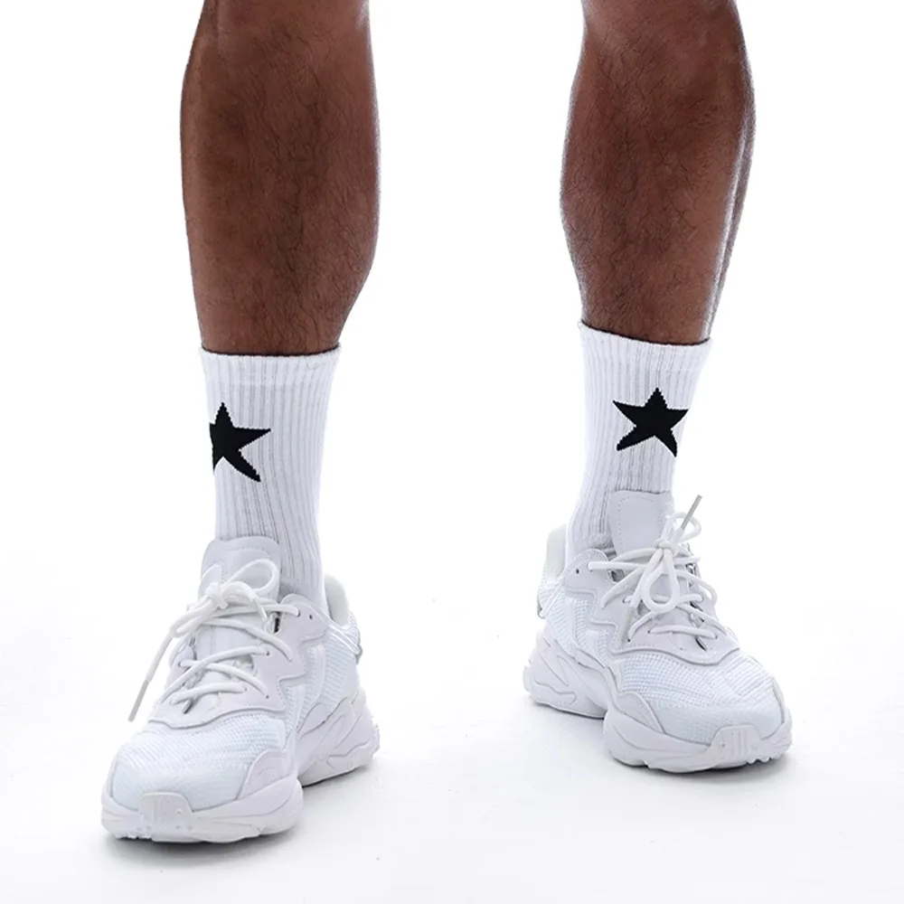 Men's Tall White Five-pointed Star Pattern Sports Fitness Cotton Towel Bottom Socks