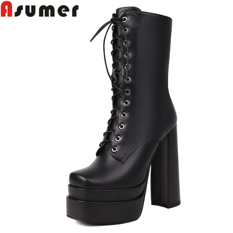 

ASUMER 2023 Size 33-43 New Concise Pu Platform Mid Calf Boots Female Zipper Winter Boots Thick High Heels Narrow Band Boots