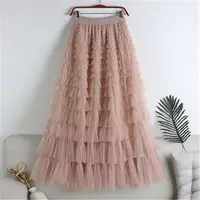 MOUKYUN Tutu Cake Skirts Women Elegant Cascading Ruffles A Line Long Skirts Female Casual Elastic Waist Party Lace Skirt Faldas - Image 6