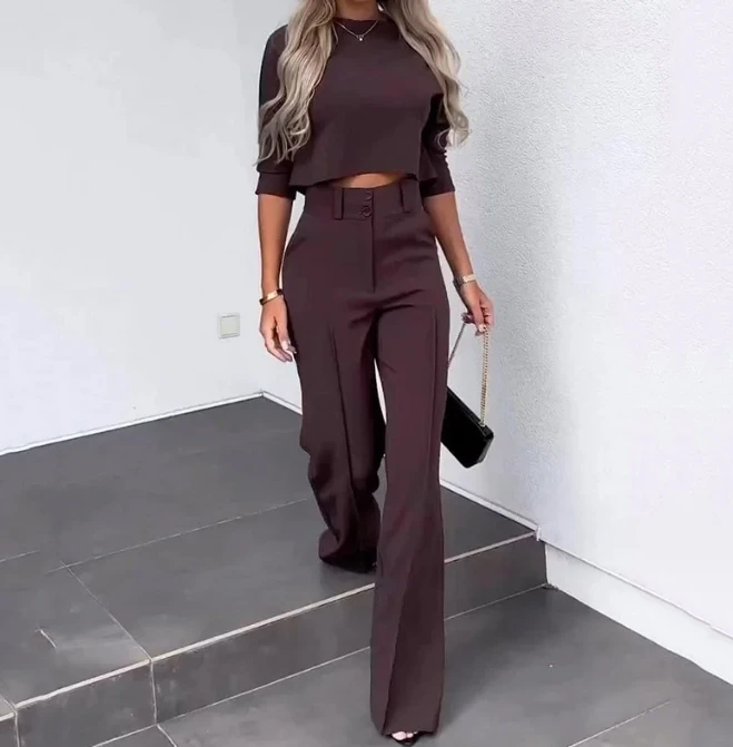 Women's Casual Commuter Two-piece Set Elegant Mock Neck Half Sleeve Crop Top and High Waist Pocket Design Buttoned Work Pants