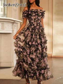 TWOTWINSTYLE-ضرب اللون فساتين الطباعة للنساء ، مائل الرقبة ، قصيرة الأكمام ، عالية الخصر ، أنيقة خط اللباس ، الإناث ملابس الموضة 1