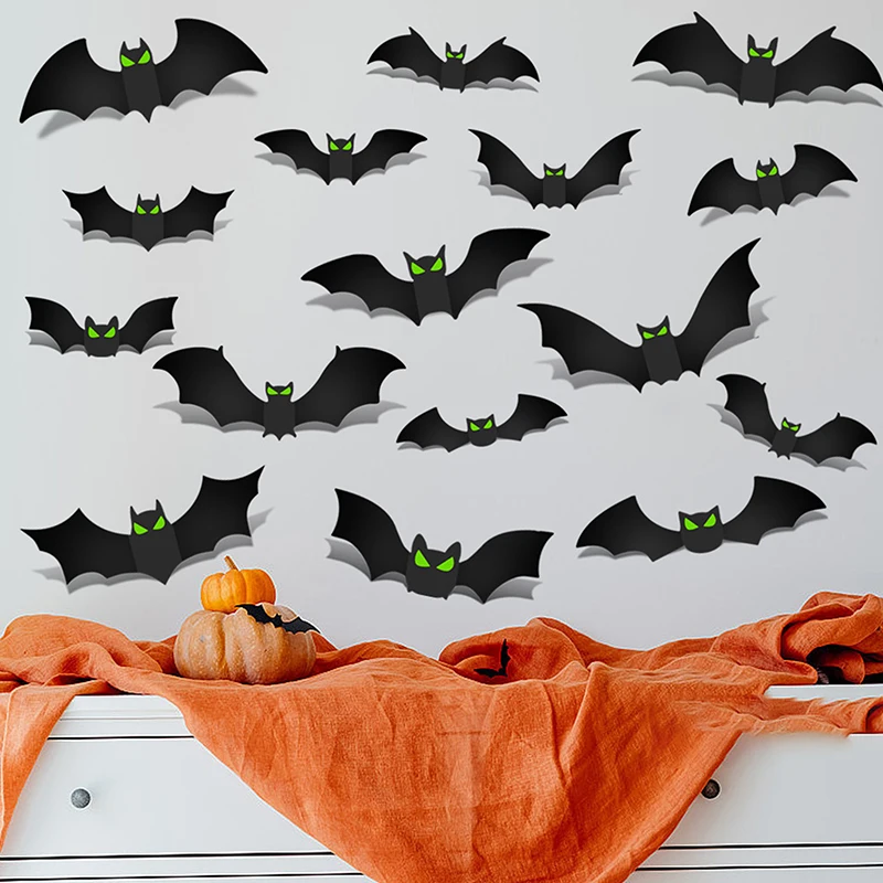 96pcs Bat Stickers 3D Halloween Bat Decorations Glow Eyes Bats 96 Pieces Scary Bats Wall Decoration For Bathroom Kitchen Home