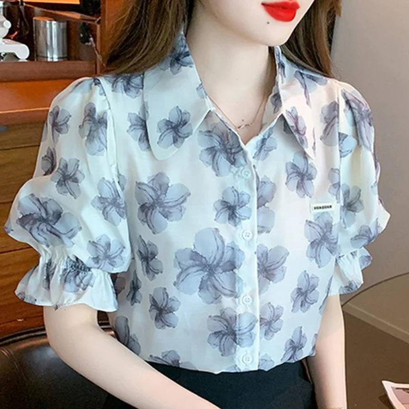 2024 Summer New Fashion Women's Clothing Simplicity Printed Temperament Versatile Spliced Button POLO Collar Short Sleeve Shirt