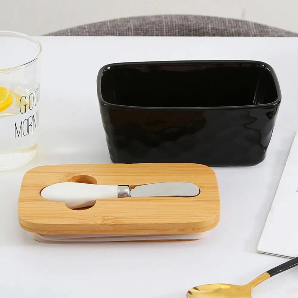 Easy to Clean Butter Dish Shatter-resistant Butter Dish Elegant Ceramics with Wooden Lid Stainless Steel for Kitchen