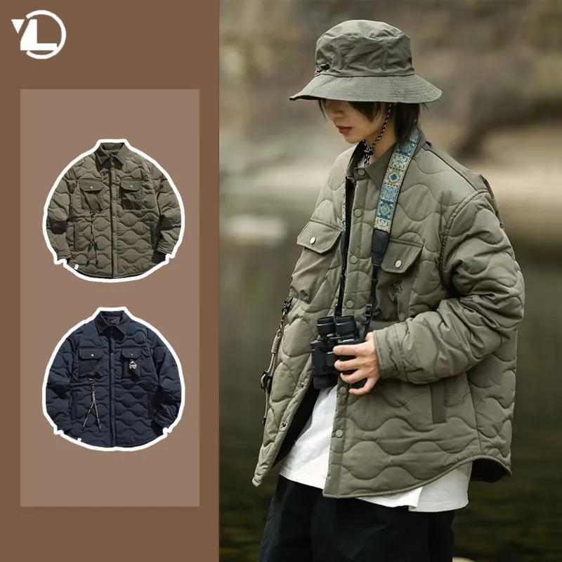 

Men Cargo Cotton Jacket Vintage Diamond Quilting Warm Mens Padded Coat Fashion Single Breasted Winter Lightweight Parkas New