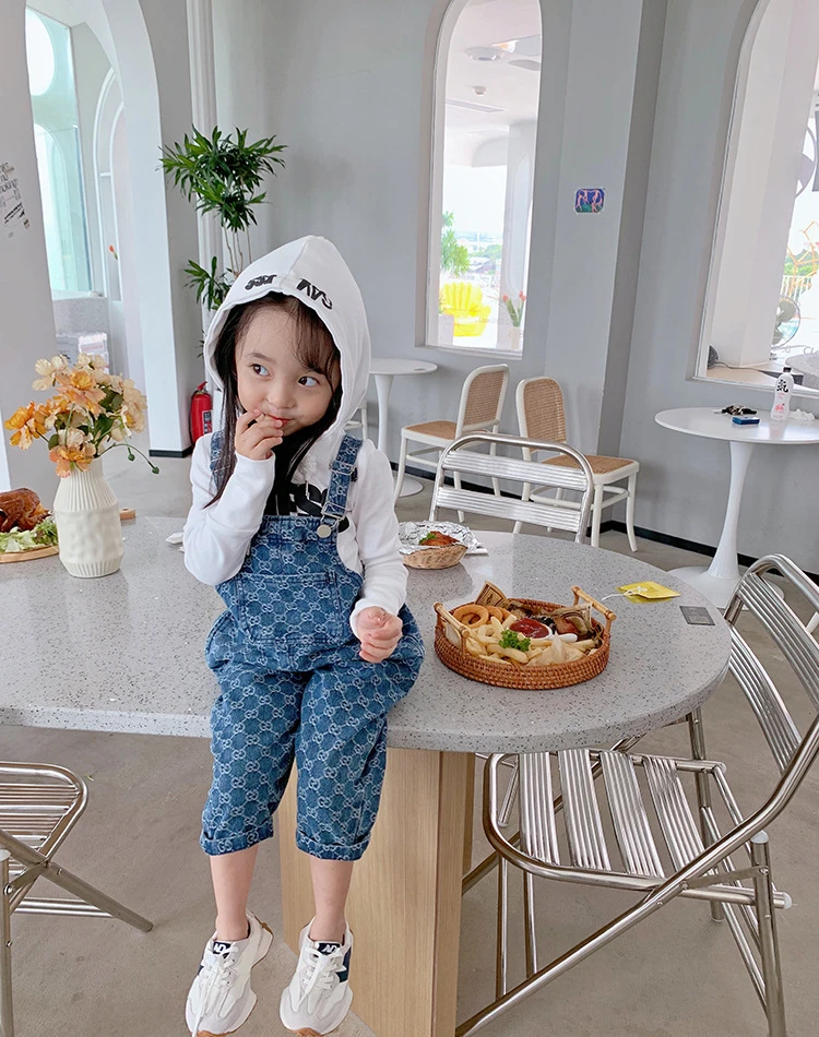 용수철 및 가을 아동용 청바지, 여아용 멜빵, 한국 버전, 남아 및 여아 데님 작..