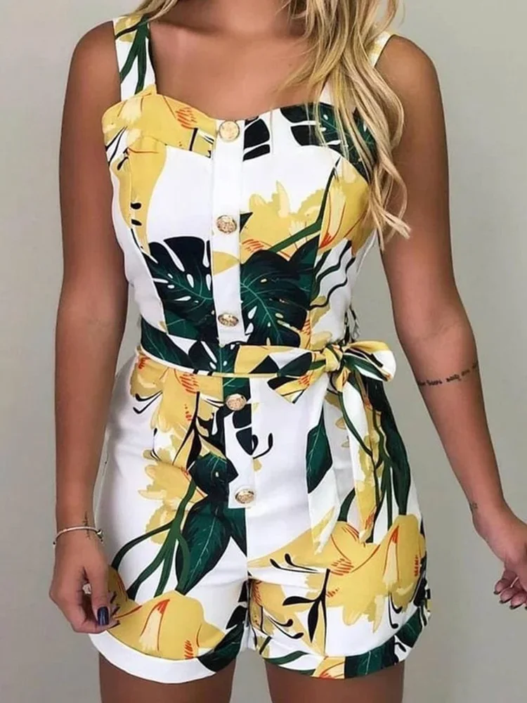 

Sleeveless Print Buttoned Design Rompers Women Playsuits Thick Strap Casual Slim Summer One Piece Overalls