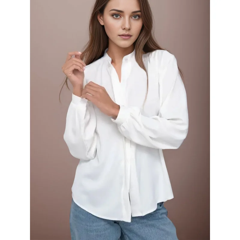

Spring Fashion Elegant Chiffon Solid Color Stand-up Collar Long-Sleeved Shirt Commuter Wildberries All-Matching Shirt Yy18