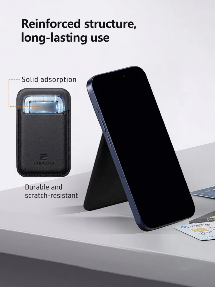 LEREACH 마그네틱 카드 지갑 홀더 (MagSafe 호환) 가죽 접이식 휴대폰 거치대 카드 케이스 포켓