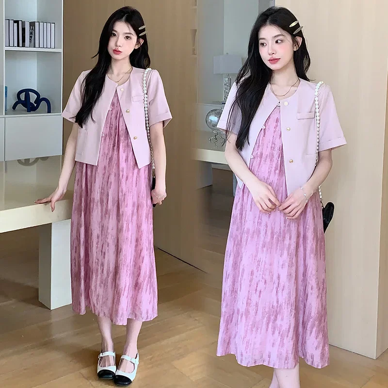 임산부 패션 트위드 스타일 반팔 상의, 얇은 탱크 원피스, 임산부용 2 피스 세트, 2024 신상