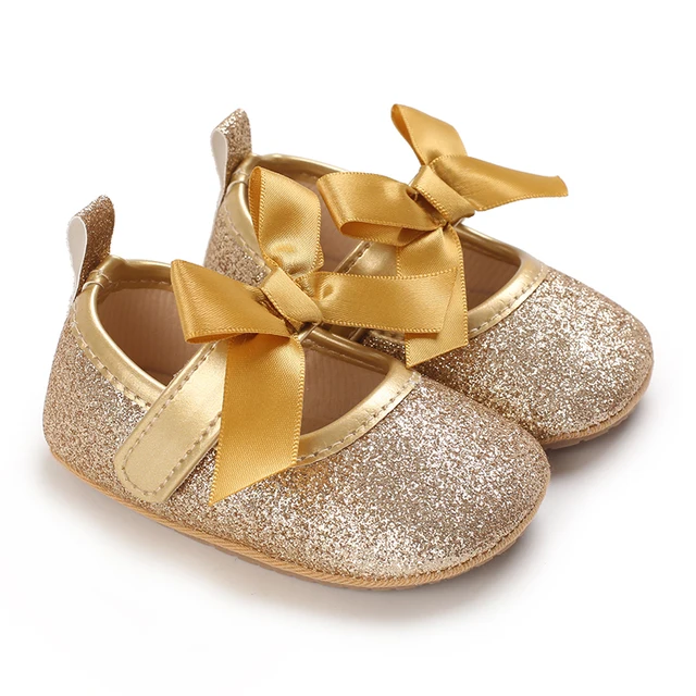 Baby Walking Shoes Golden Baby First Walkers Shoes Gold Princess Shoes Comfortable Soft Soled Non Slip Walking Shoes Pre-Walkers E46 golden