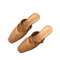 Vintage Woven 1 Slip-on Toe Half Slippers Women's New Outwear French Fairy Style Thick Heel Holiday Shoes - Image 6