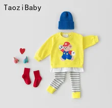 

Baby Sweatershirt Suit Spring New Boys And Girls Cartoon Fake Two-piece Top And Striped Pants Small And Middle Children Clothing