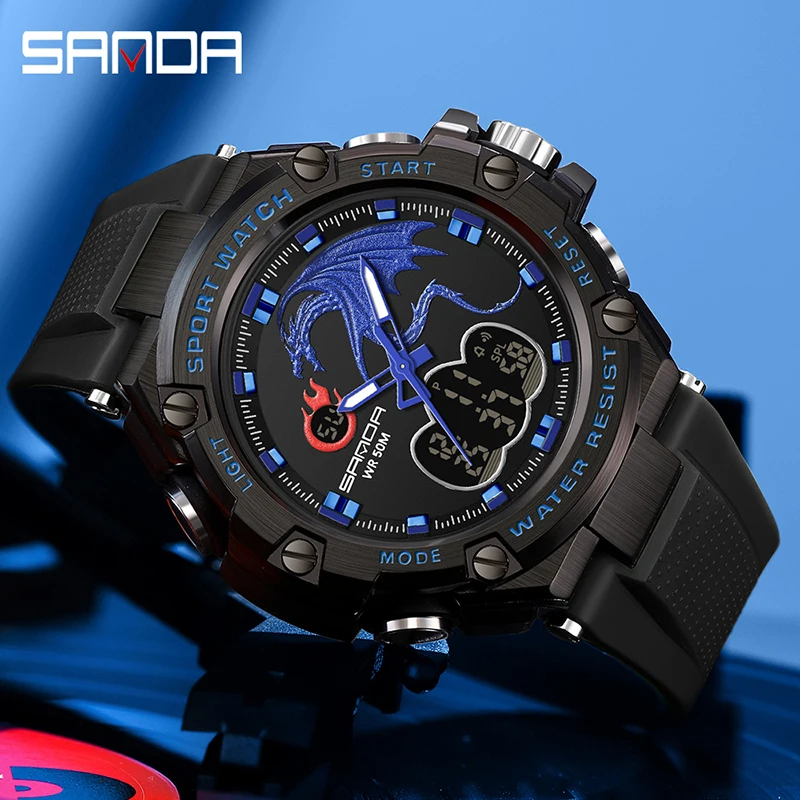 SNADA New Men's Watches Sports Electronic Wristwatch Waterproof Fashion Fluorescent Dual Display Digital Quartz Watch 3171