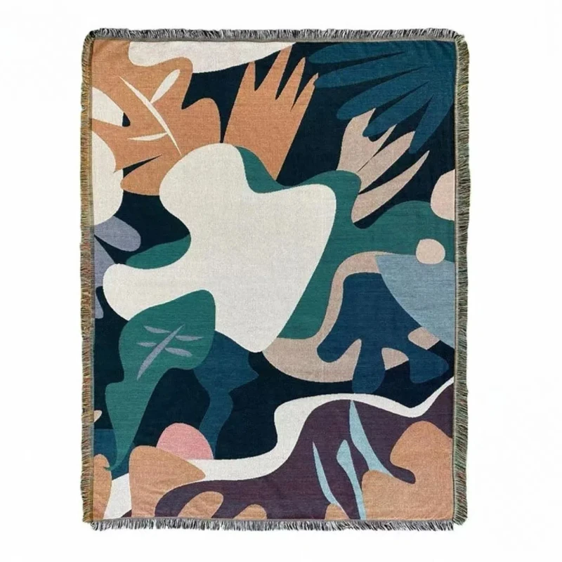 Textile City Abstract Leaf Design Woven Tapestry Wall Hanging with Fringe Edges Colorful Boho Chic Throw Blanket Decor for Sofa
