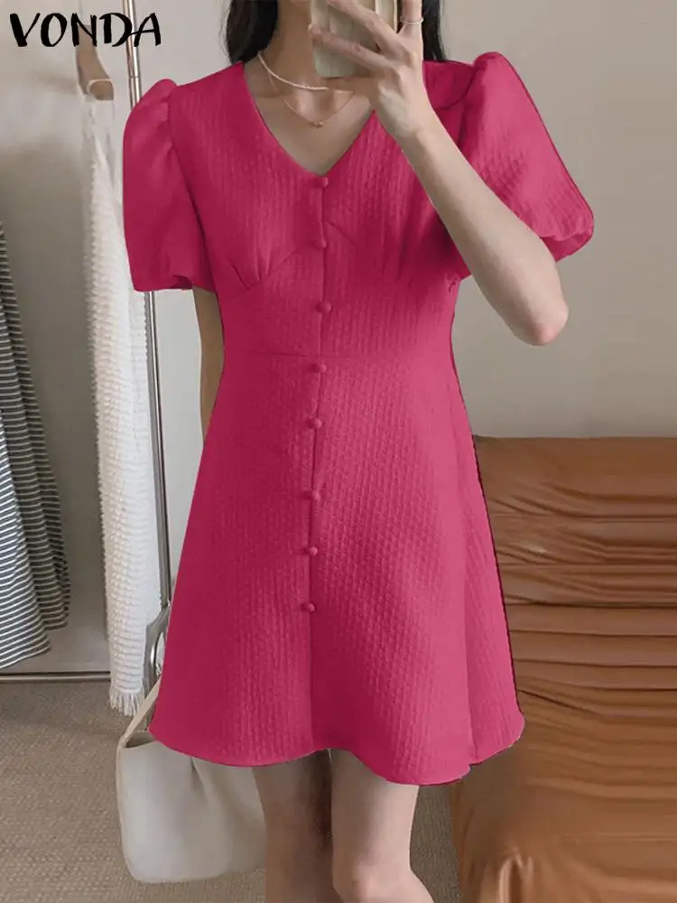 

VONDA Women Summer Sundress 2023 Casual Solid Color Mini Dress Fashion Sexy V-Neck Puff Short Sleeve Loose Vestidos Oversized