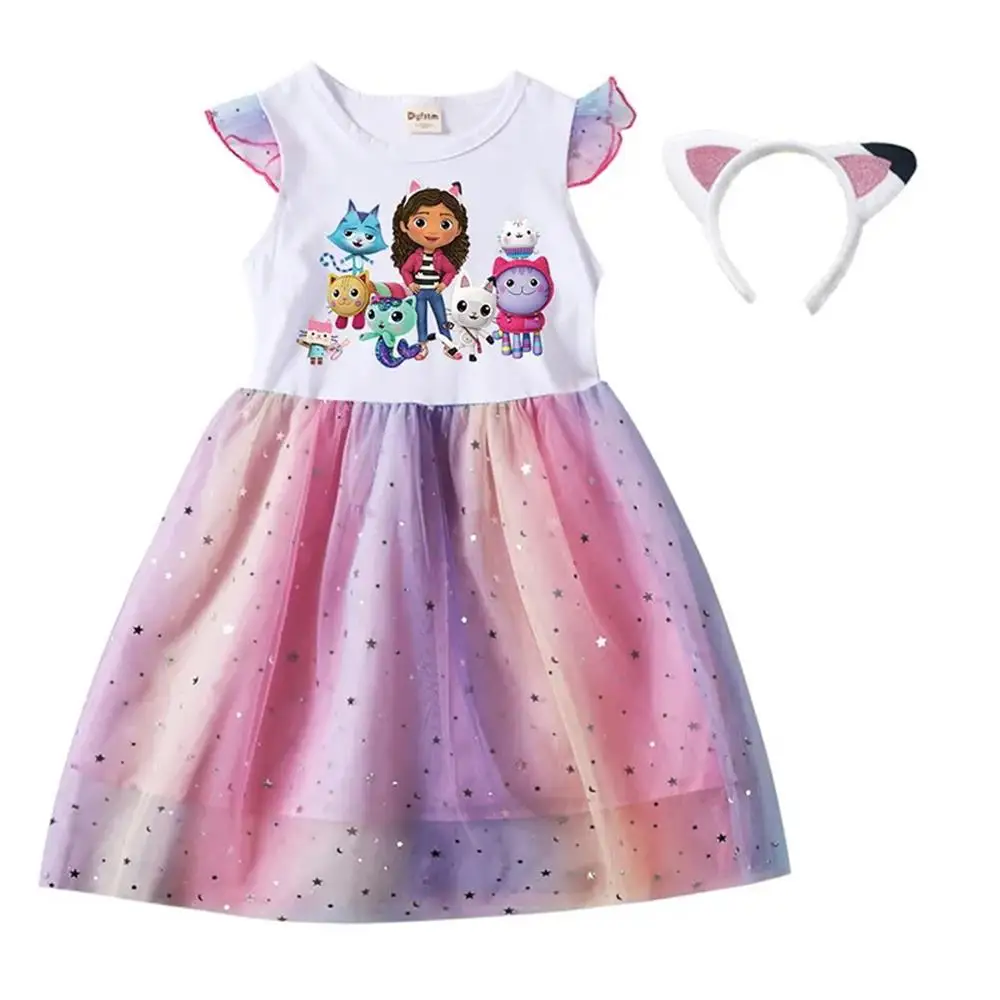 

Gabby's Dollhouse Girls Summer Fly Sleeve Casual Dresses Mardi Gras Outfit Cosplay Costumes Cute Cartoon Dress 2-10 Years Old