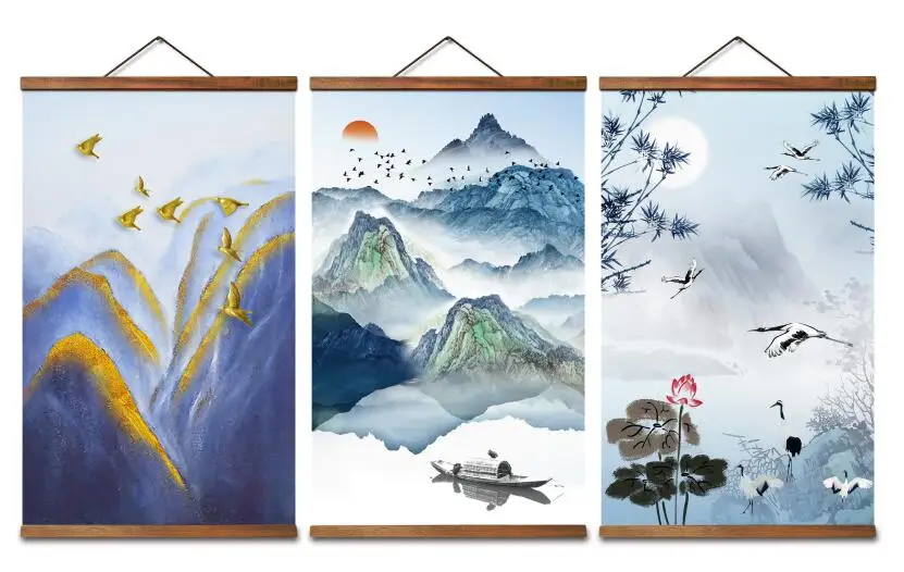 

MT0311 Chinese Style landscape lotus fishing boat Decorative Wall Art Posters Solid Wood Scroll Paintings