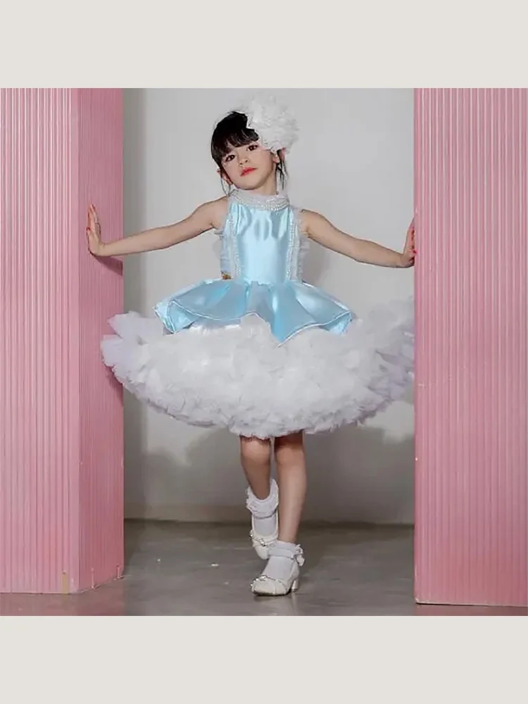 Blue puffy flower girl dress Wedding Tulle Knee Length Layered Kids Birthday Ball Gown First Communion