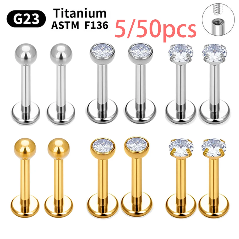 5/50PCS G23 Ttianium Piercing Labret Lip Stud 16G Internal Thread Stud Earring Ear Nasal nail Tragus Cartilage Helix Daith Body
