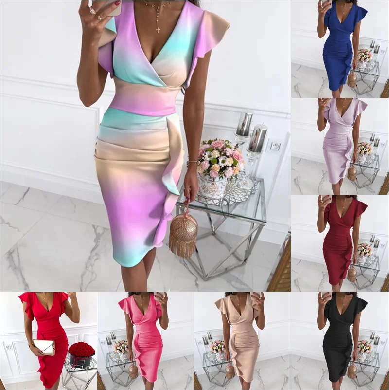 

Sexy Women V-neck Pleated Slim Knee New Pencil Dress Solid Ladies Sleeveless Midi Casual Elegant Pullover Bodycon Dresses