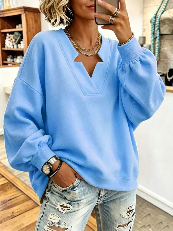 Women's Autumn Winter V-neck Loose Comfortable Ribbed Cuffs Hoodies Sweatshirt  Solid Color Loose Fitting Pullover Hoodie